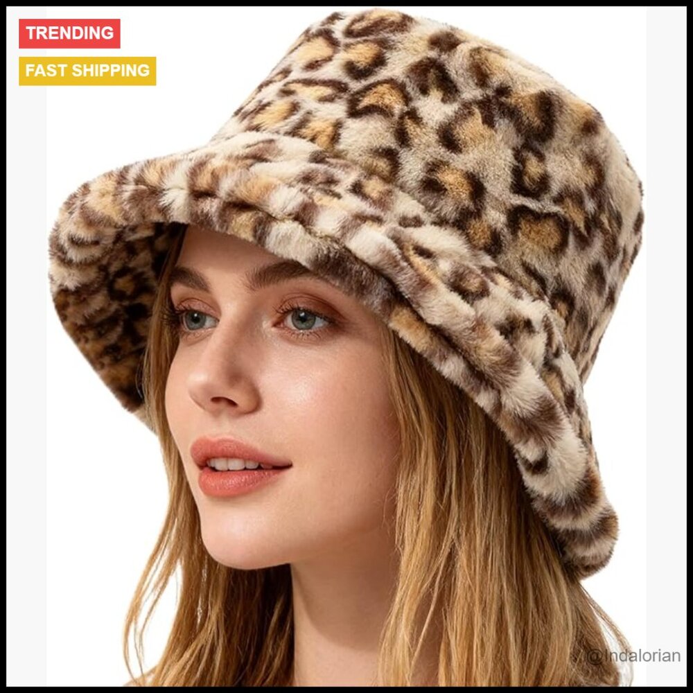 Faux Fur Bucket Hat Adjustable Packable Cozy Winter Chic Animal Print